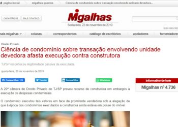 Ciência de condomínio sobre transação envolvendo unidade devedora afasta execução contra construtora