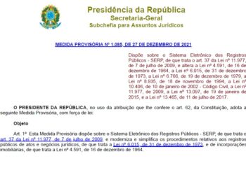 Editada Medida Provisória nº 1085, de 27/12/2021, para disciplinar dispõe sobre o Sistema Eletrônico dos Registros Públicos – SERP